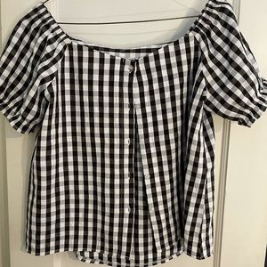Off Shoulder Black Gingham Top, Button Up, 100% Cotton Ruched Sleeve Top